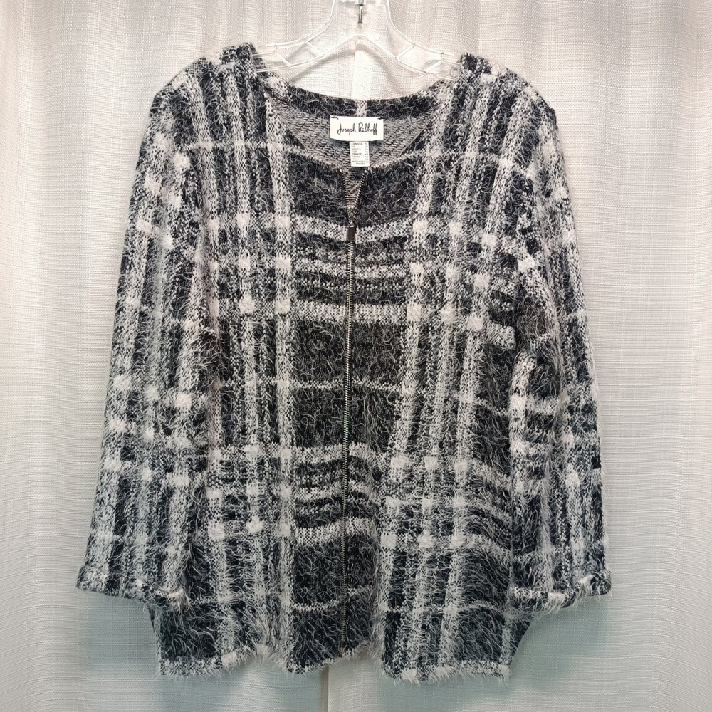 Joseph Ribkoff Plaid Zip Front Eyelash Knit Cardigan Sweater Black White 12โ